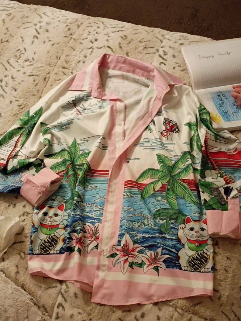 Tropical Lucky Cat Button-Up Shirt In Pink & Green